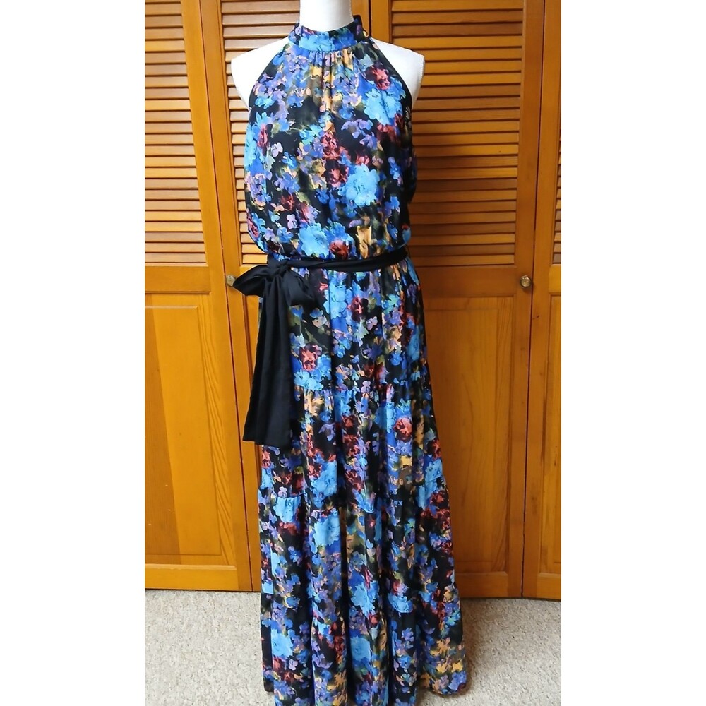 New York & Company Womens Blue Watercolor Sleeveless Halter Maxi Dress Medium - Picture 2 of 11